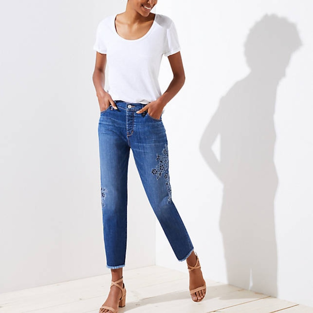 LOFT Blue Boyfriend Jeans with Subtle Embroidery